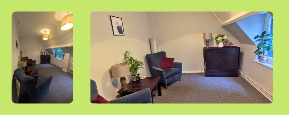 A well-lit, modern counselling space in Snow Hill with two armchairs and a window providing natural light.