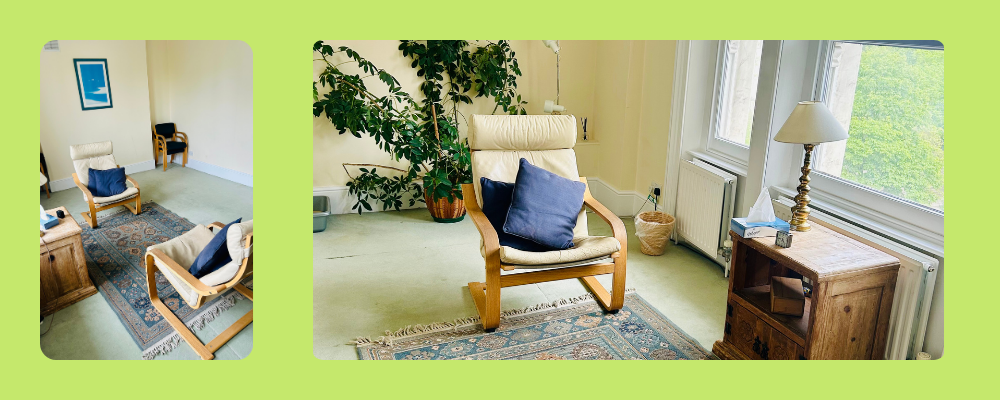 Comfortable consultation room seating arrangement for therapy sessions in Paddington, West London.