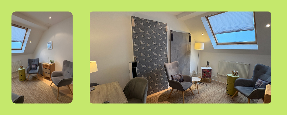 A bright, accessible consulting room at our East Putney charity centre featuring two comfortable armchairs and a small side table.