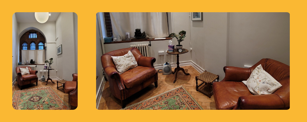 Warm and welcoming private counselling room in Belgravia, London, equipped with soft lighting, supportive seating, and a professional layout.