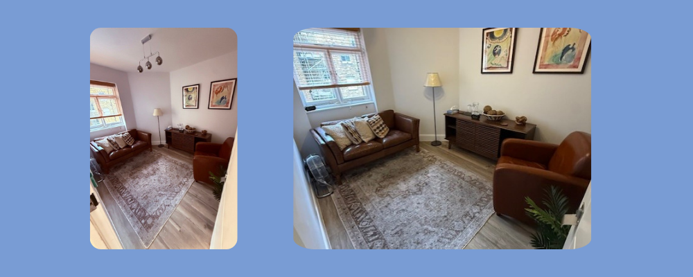 Modern and elegant psychotherapy room for hire in Fitzrovia, Central London, showcasing a professional aesthetic and comfortable seating.